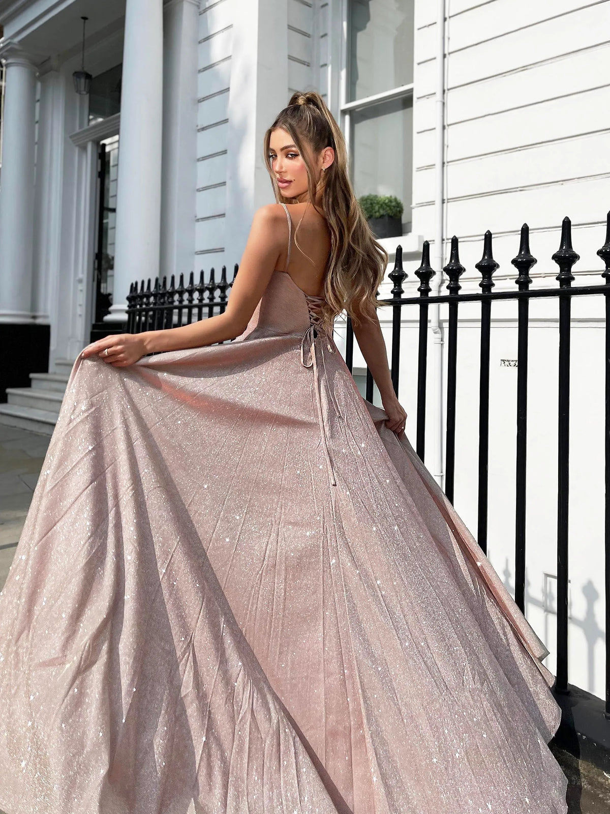 Mulberry floor-length prom dress, alternate view showing the full-length profile