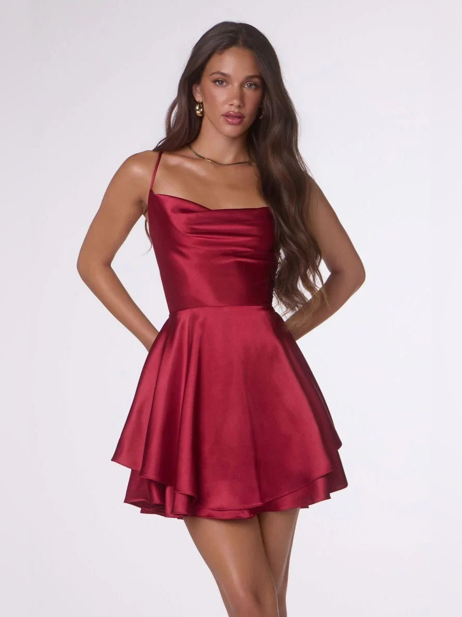 Burgundy mini homecoming dress, alternate view showing the full-length profile