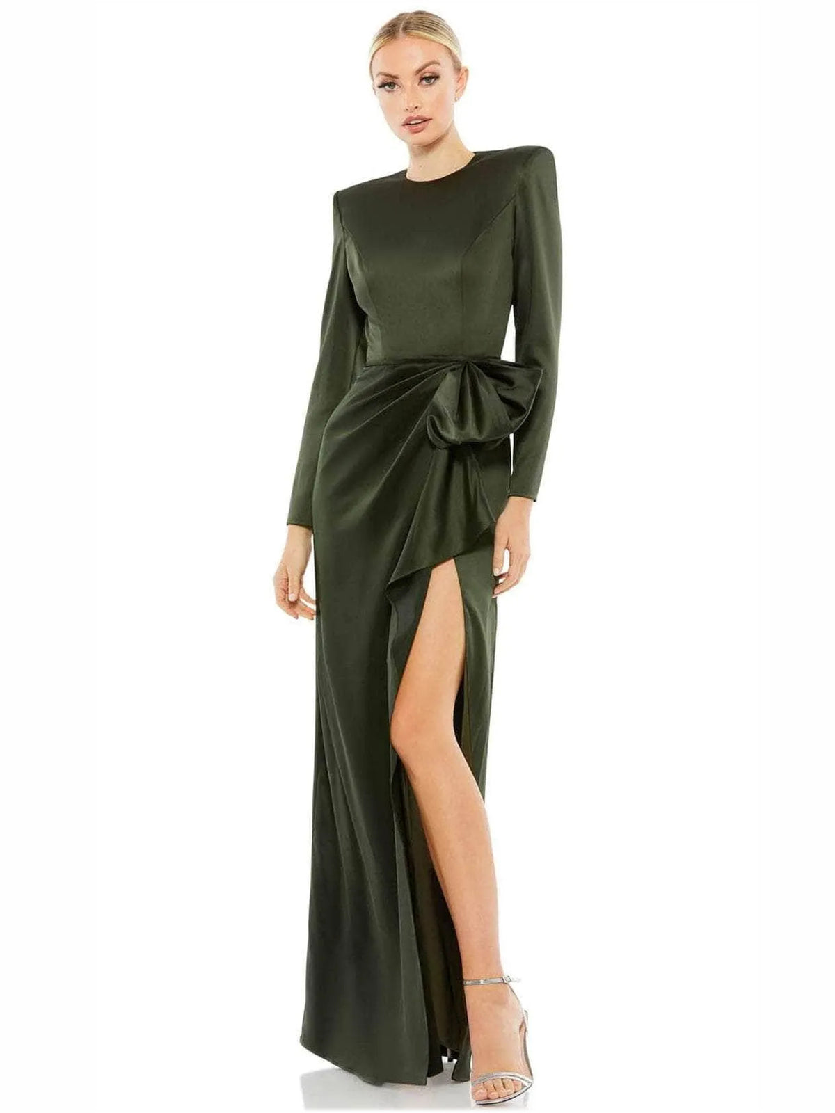 Olive Green sheath floor-length formal dress with draping, alternate view