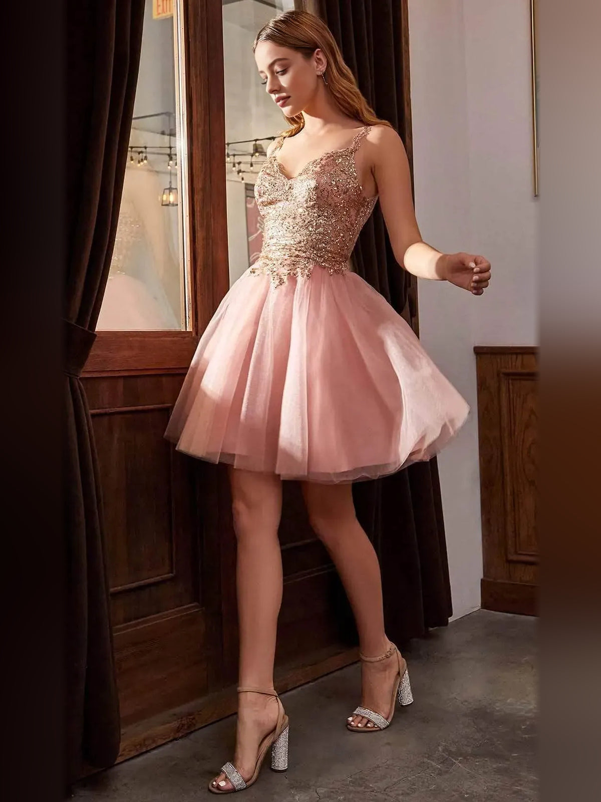 Dusty Rose mini homecoming dress, alternate view showing the full-length profile