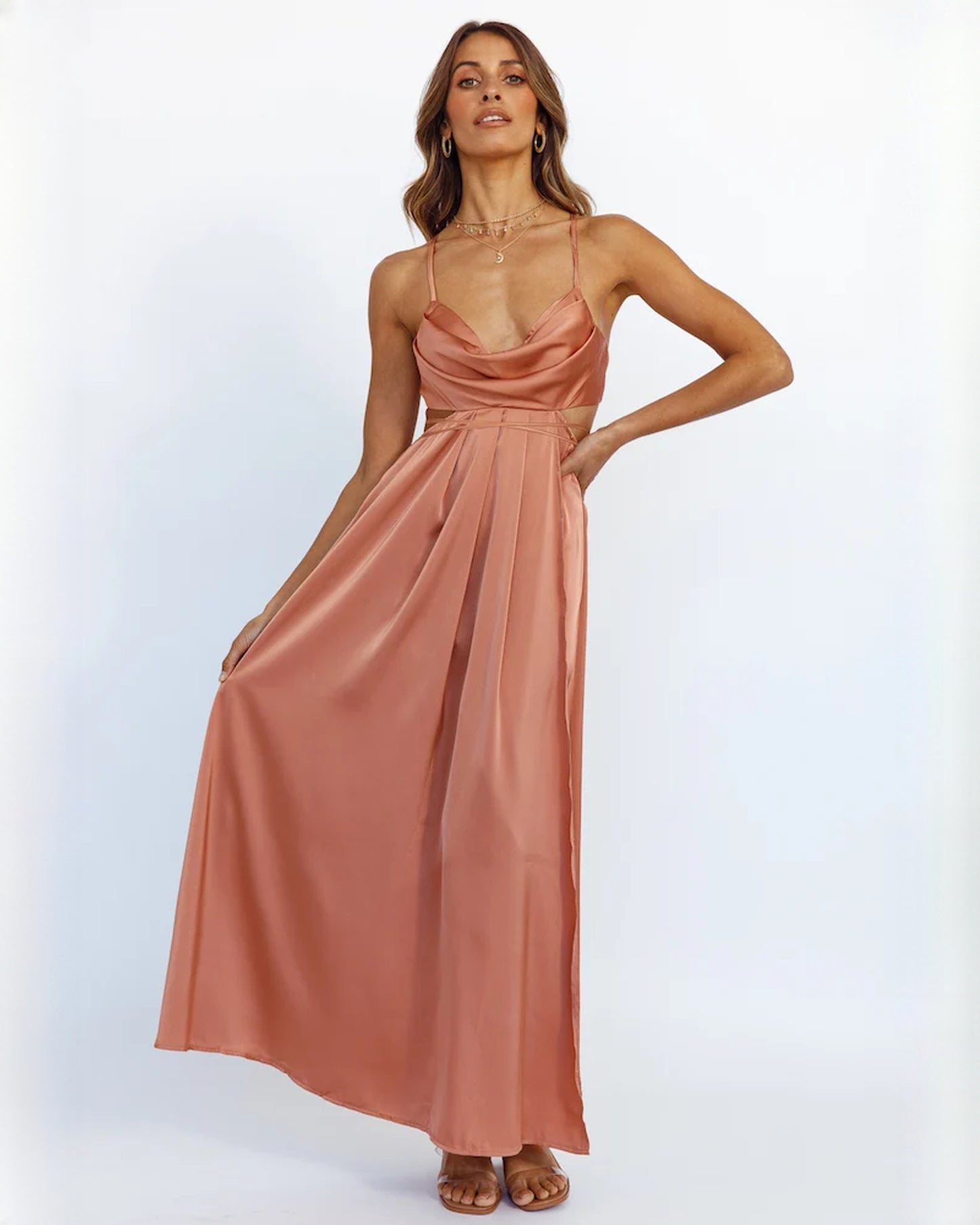 sleeveless satin a-line maxi bridesmaid dress - image 6