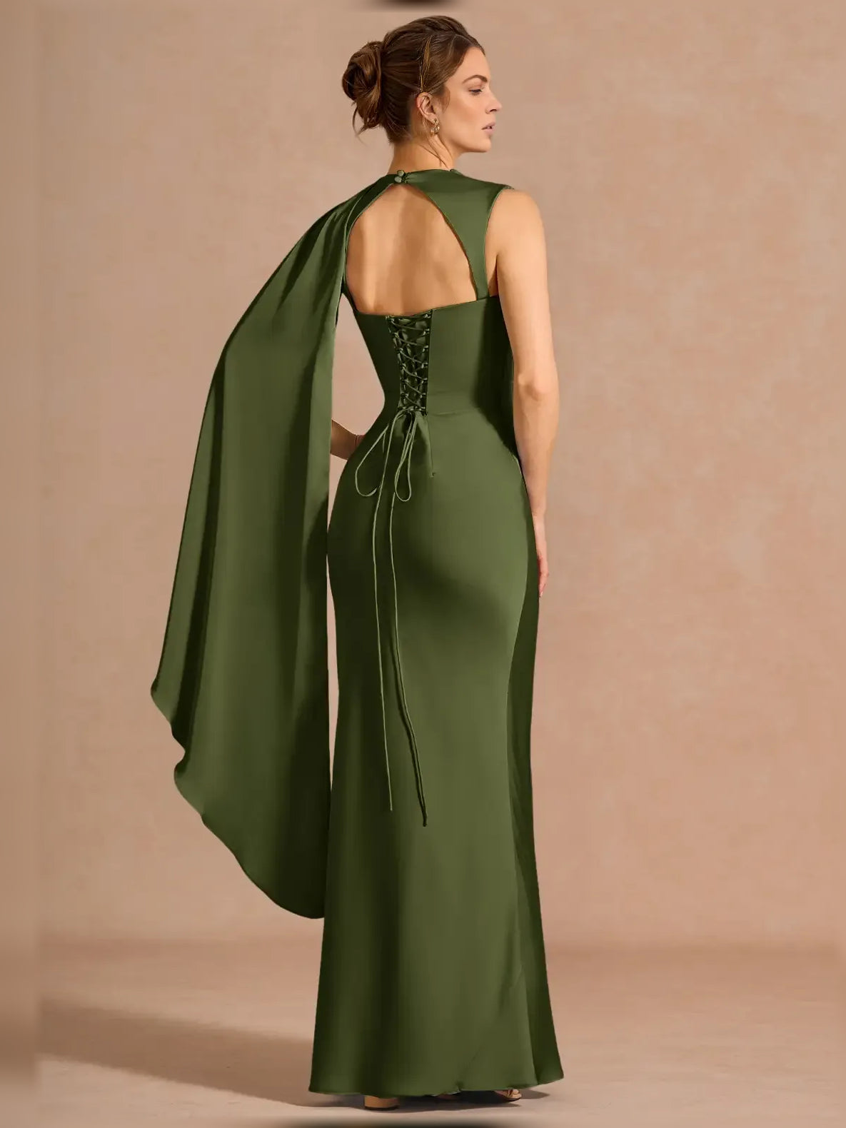 Navy Blue mermaid floor-length formal dress with draping, alternate view showing the hem