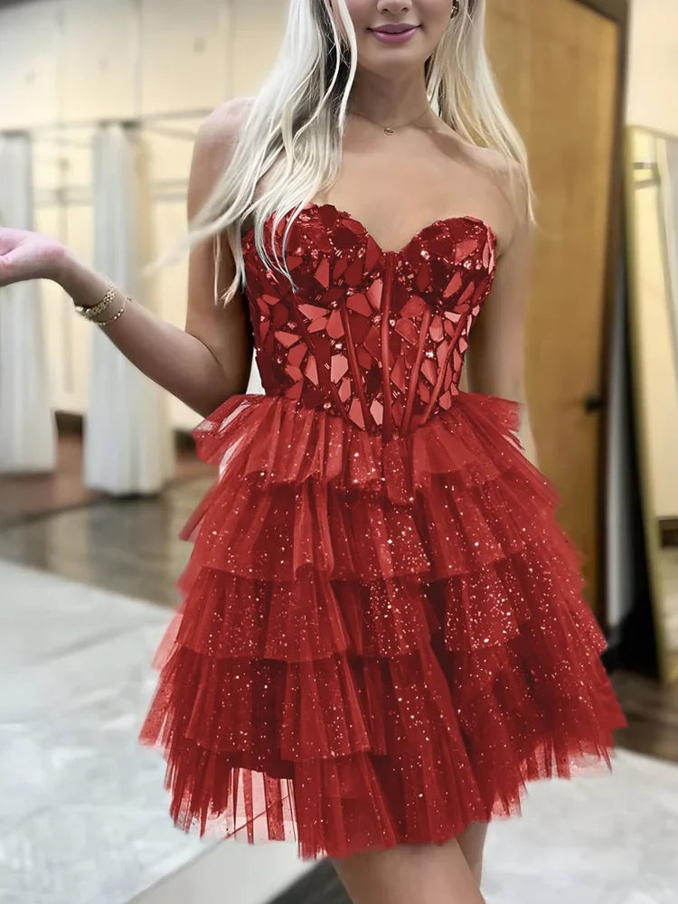 Red mini homecoming dress, alternate view showing the full-length profile