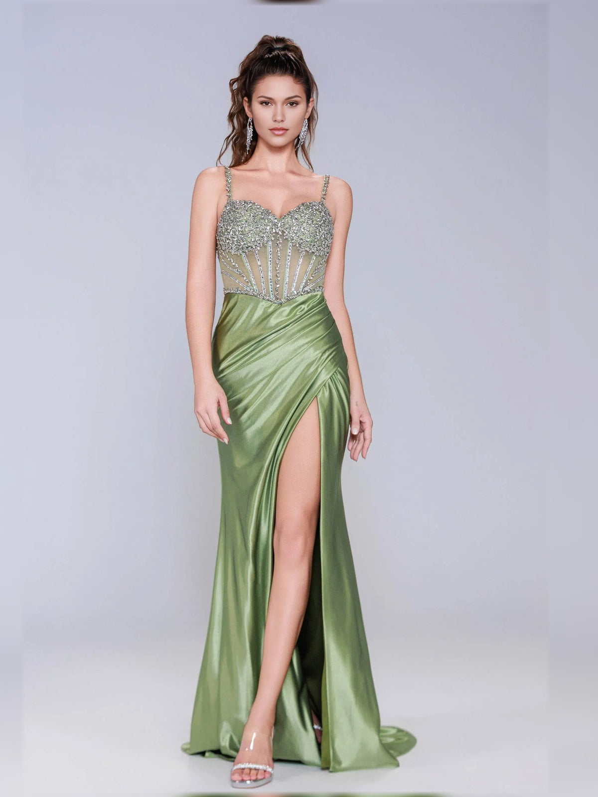 Dusty Sage sheath floor-length formal dress with skirt slit, alternate view showing the hem