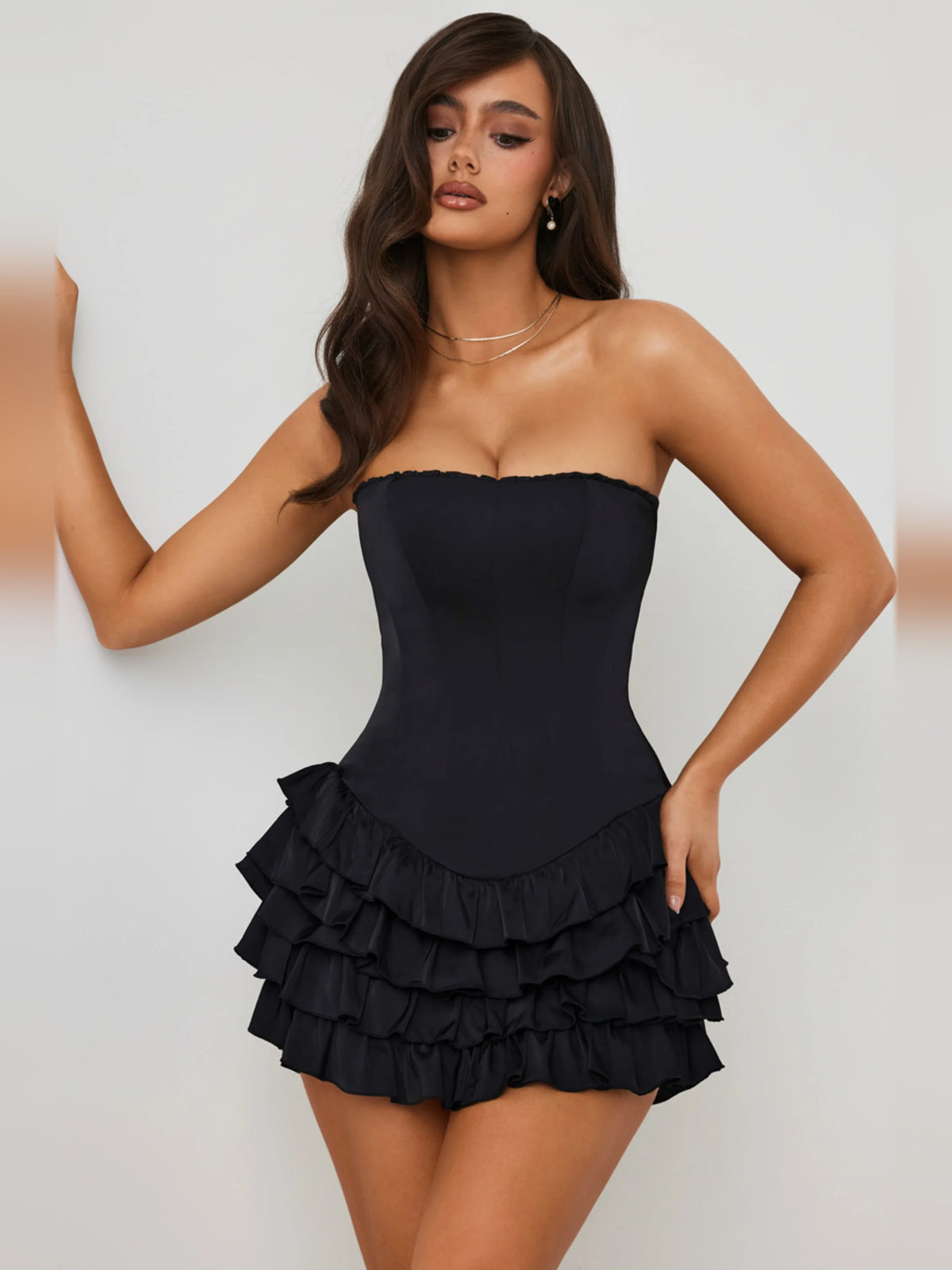 Black mini homecoming dress, alternate view showing the full-length profile