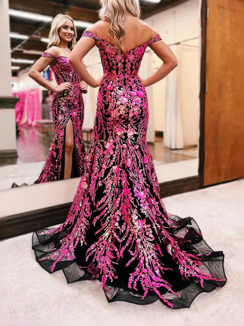 Pink&Black maxi prom dress, alternate view showing the full-length profile
