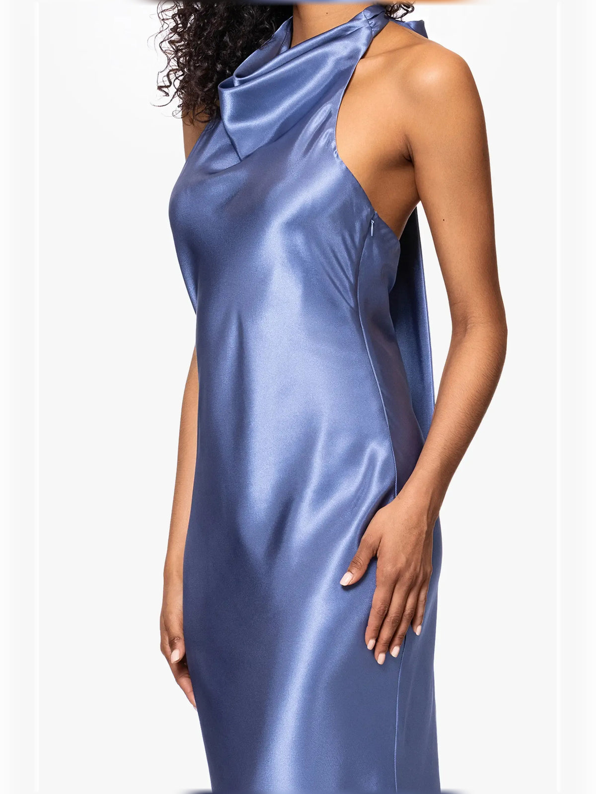 Blue mermaid floor-length formal dress with draping, alternate view showing the hem