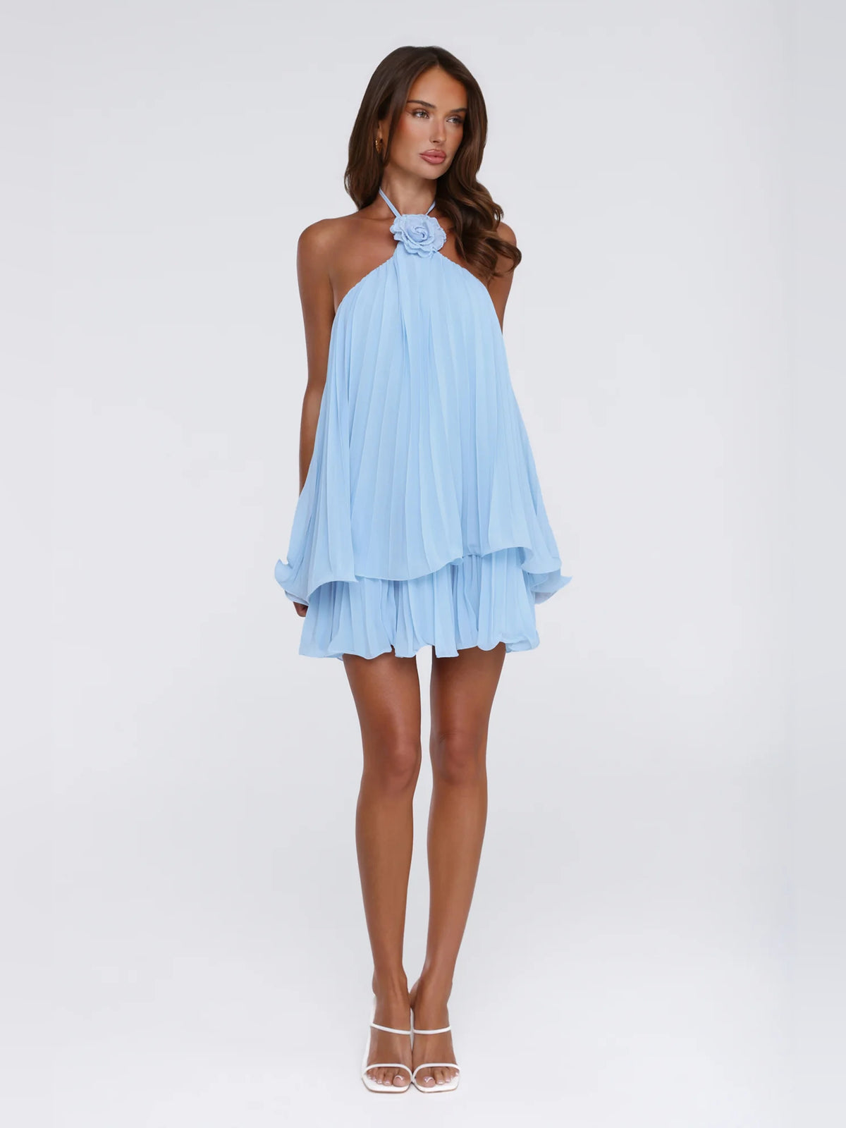 Blue mini homecoming dress, alternate view showing the full-length profile