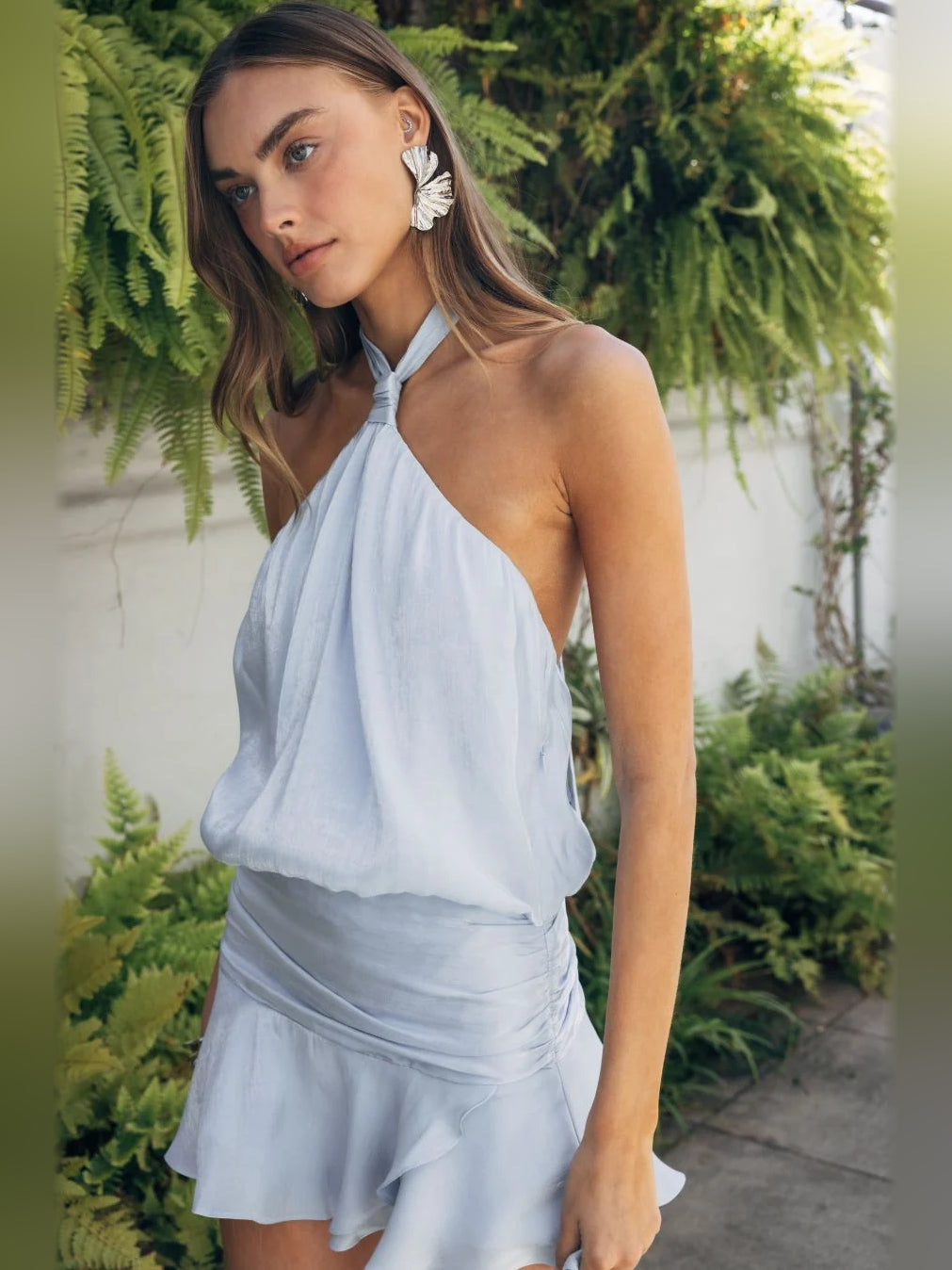 Brown mini homecoming dress, alternate view showing the full-length profile