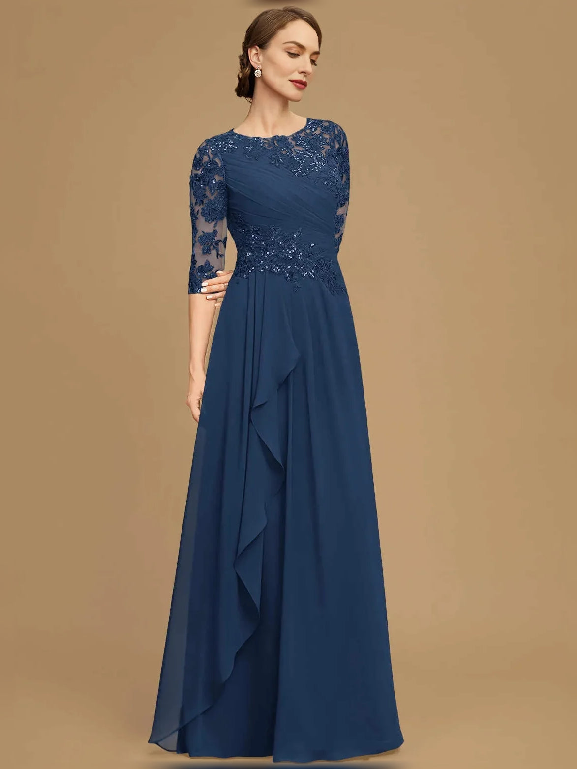 Dark Blue floor-length mother of the bride dress, alternate view showing the full-length profile