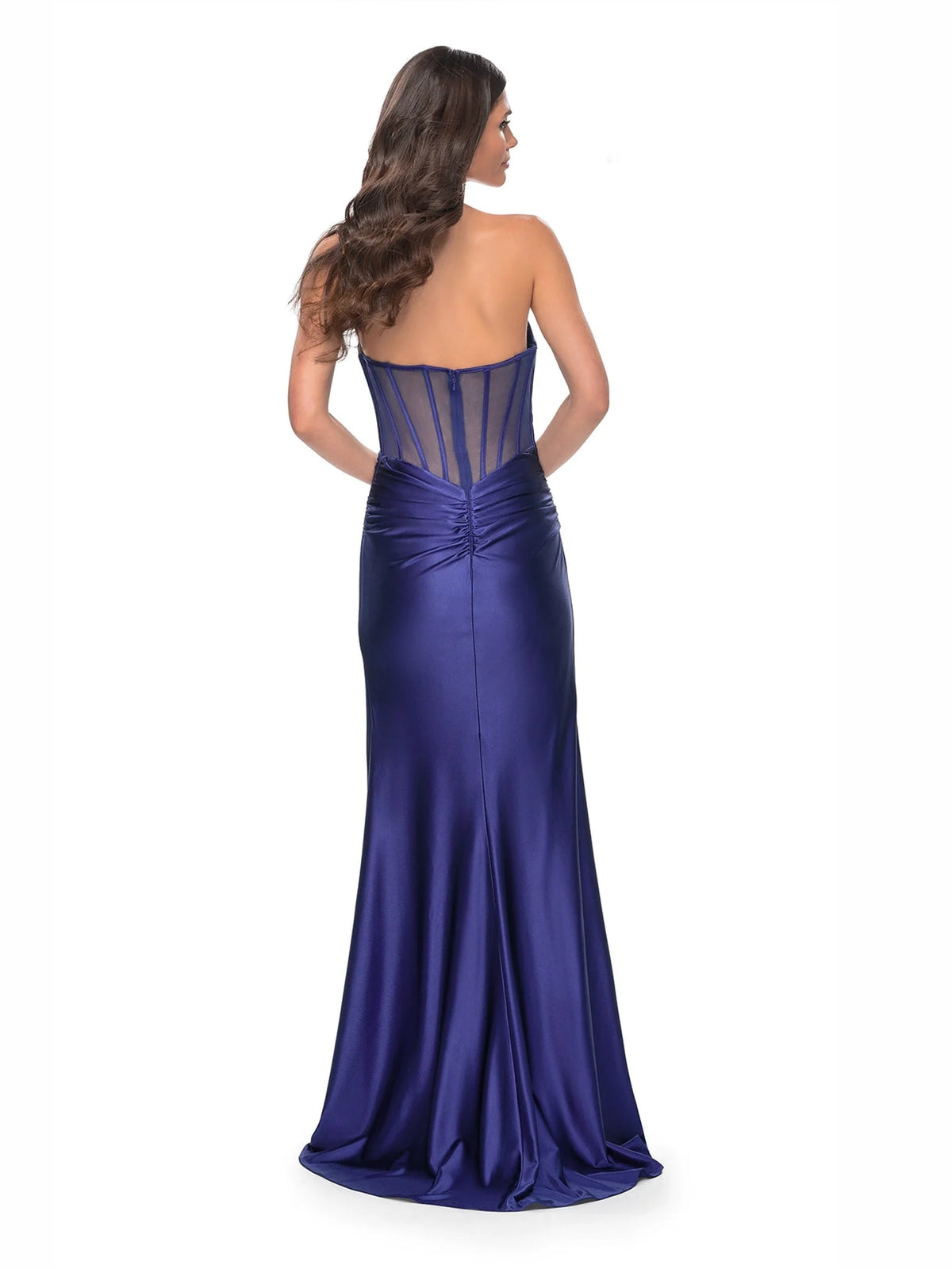 Champagne mermaid floor-length formal dress with corset-style bodice, alternate view showing the hem