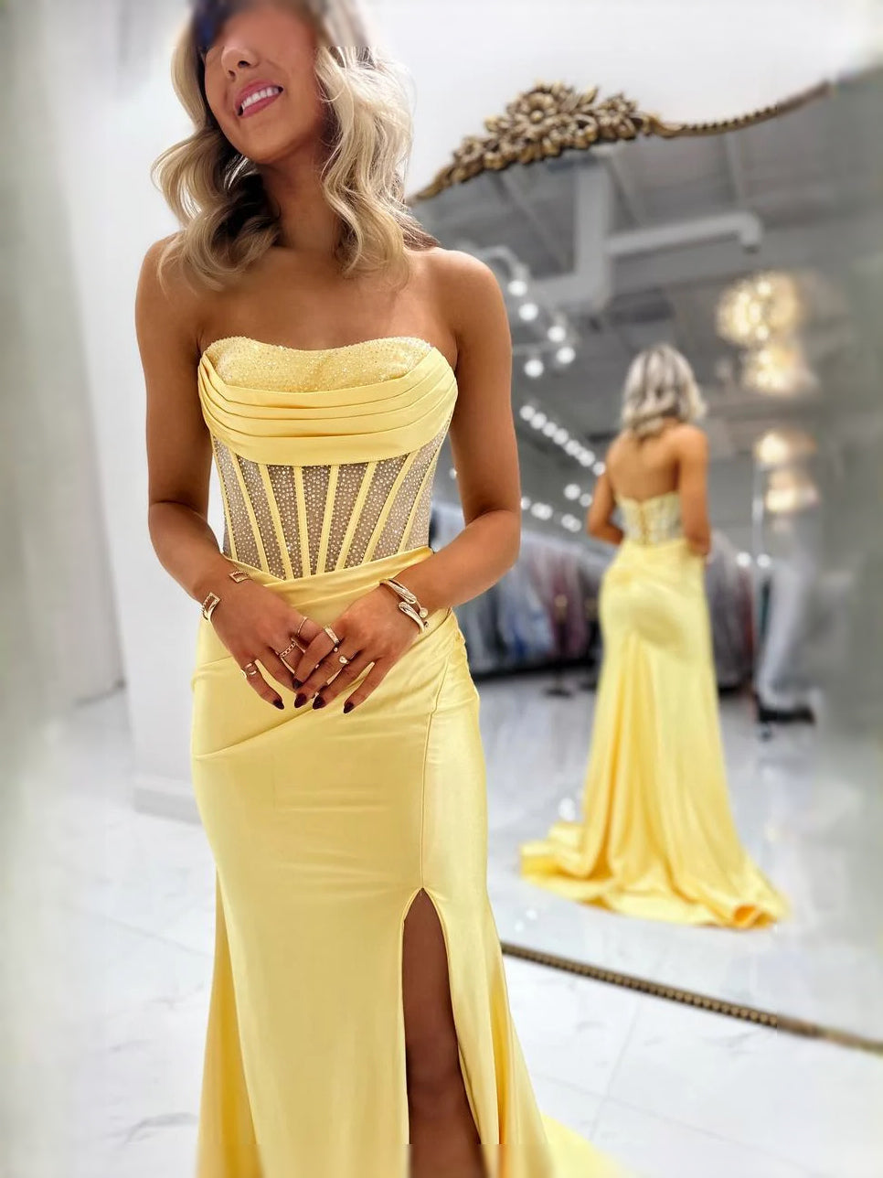 Lemon floor-length prom dress, alternate view showing the full-length profile