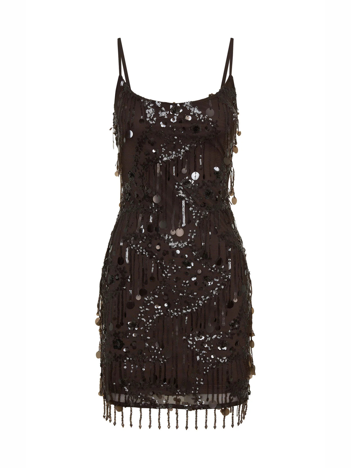 Chocolate mini homecoming dress, alternate view showing the full-length profile