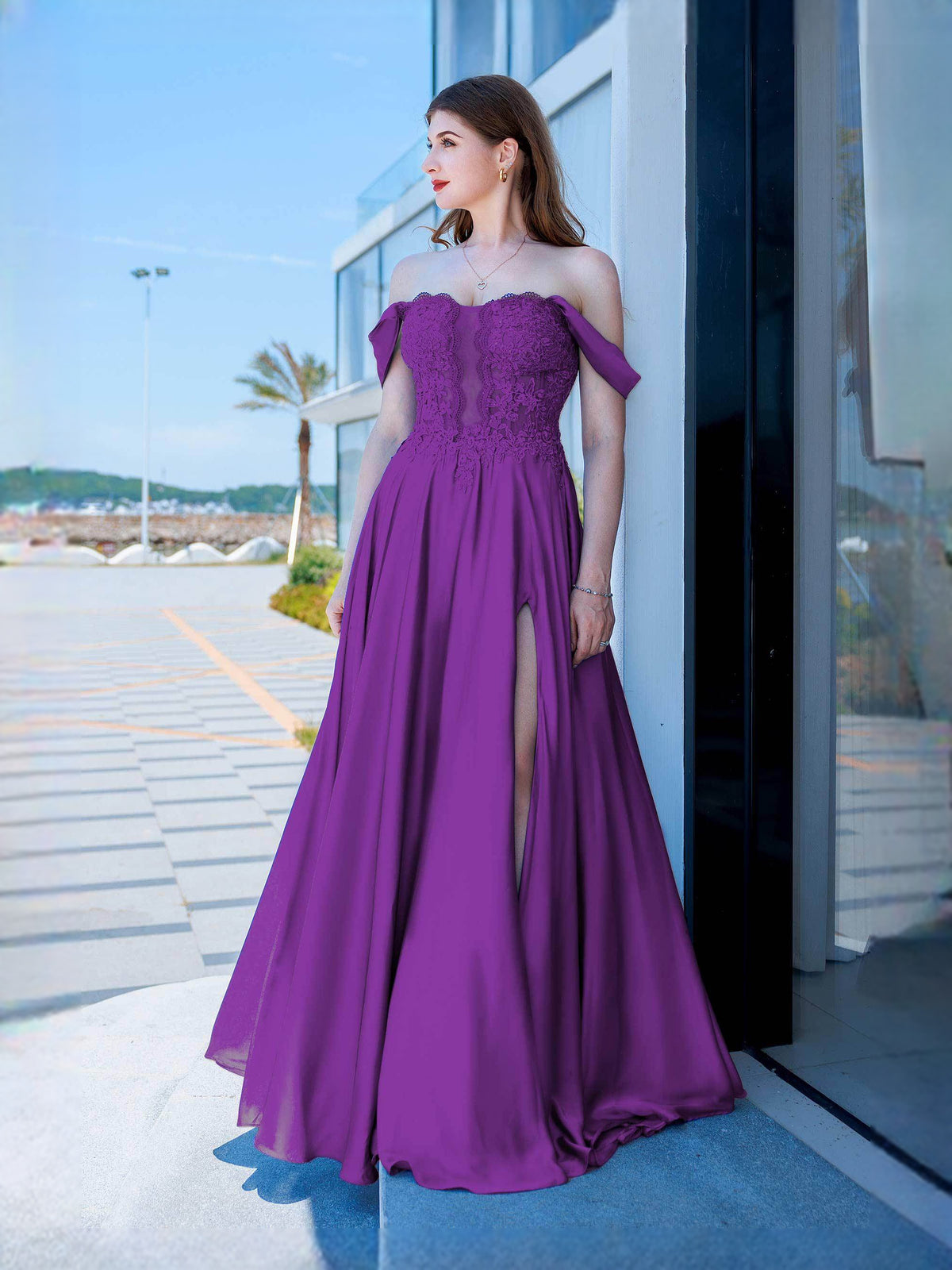 Orchid floor-length prom dress, alternate view showing the full-length profile