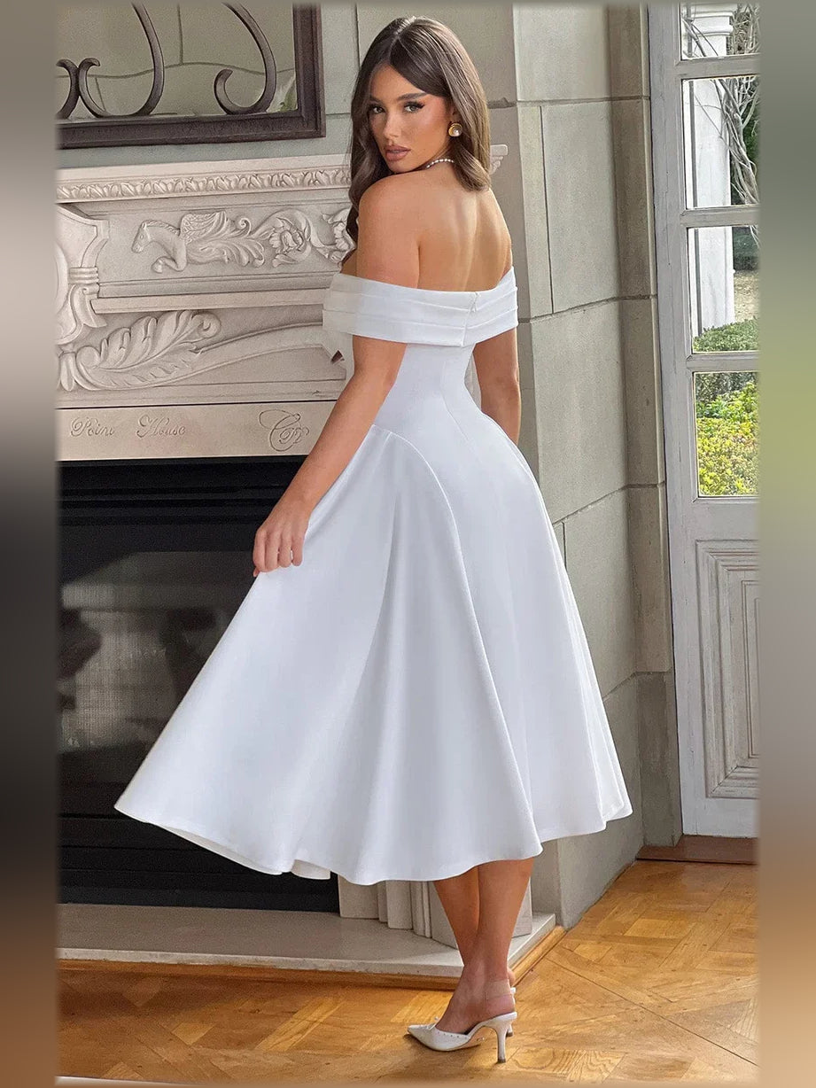 Blue a-line midi formal dress with off-the-shoulder neckline, alternate view showing the hem