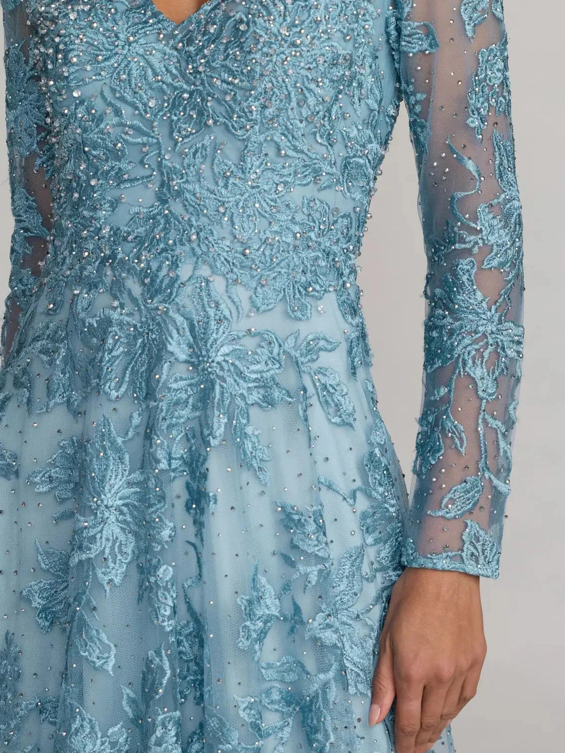Champagne a-line floor-length formal dress with beading, alternate view showing the hem