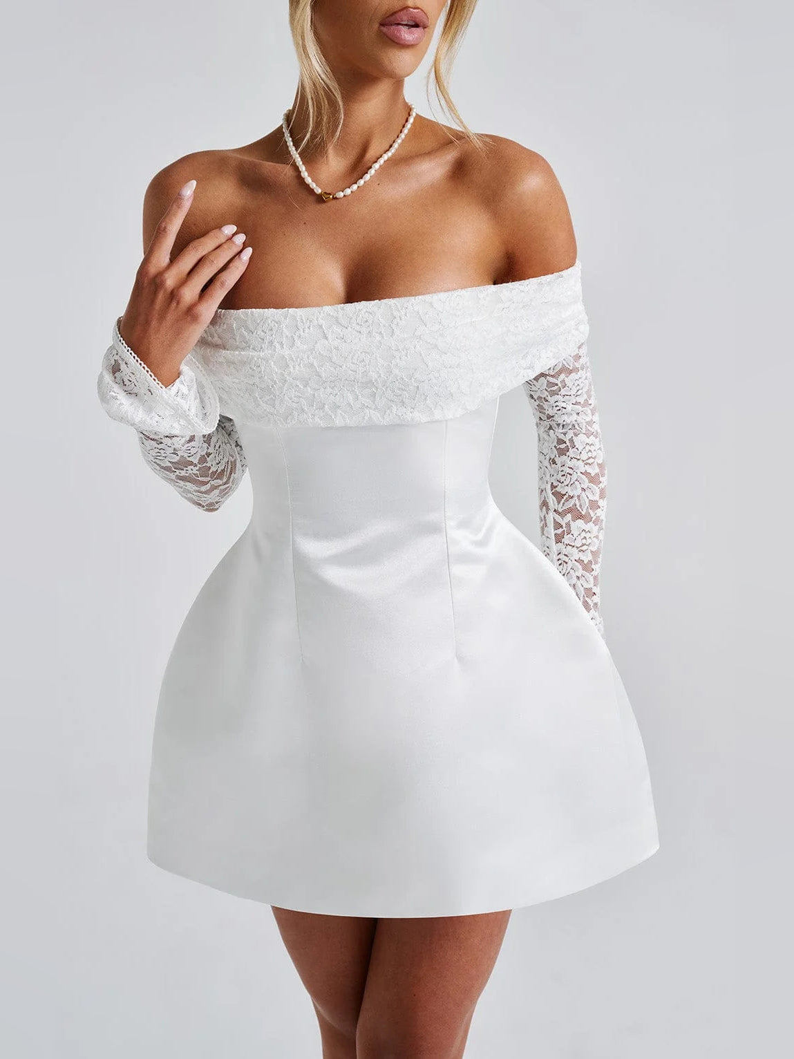 Ivory mini homecoming dress, alternate view showing the full-length profile