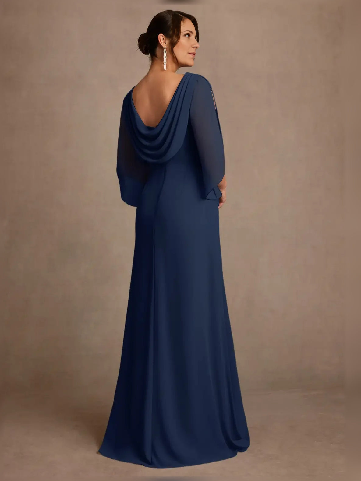 Chocolate floor-length mother of the bride dress, alternate view showing the full-length profile