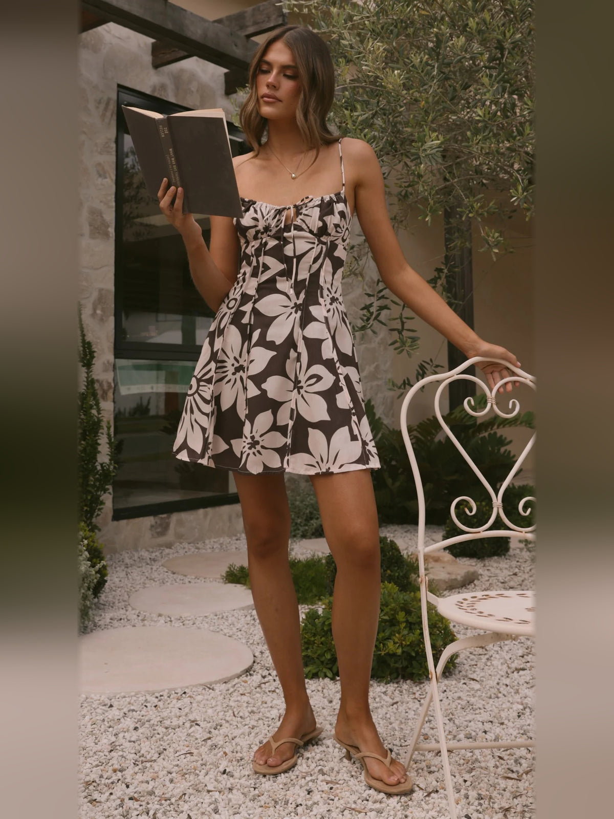 Chocolate Floral mini homecoming dress, alternate view showing the full-length profile