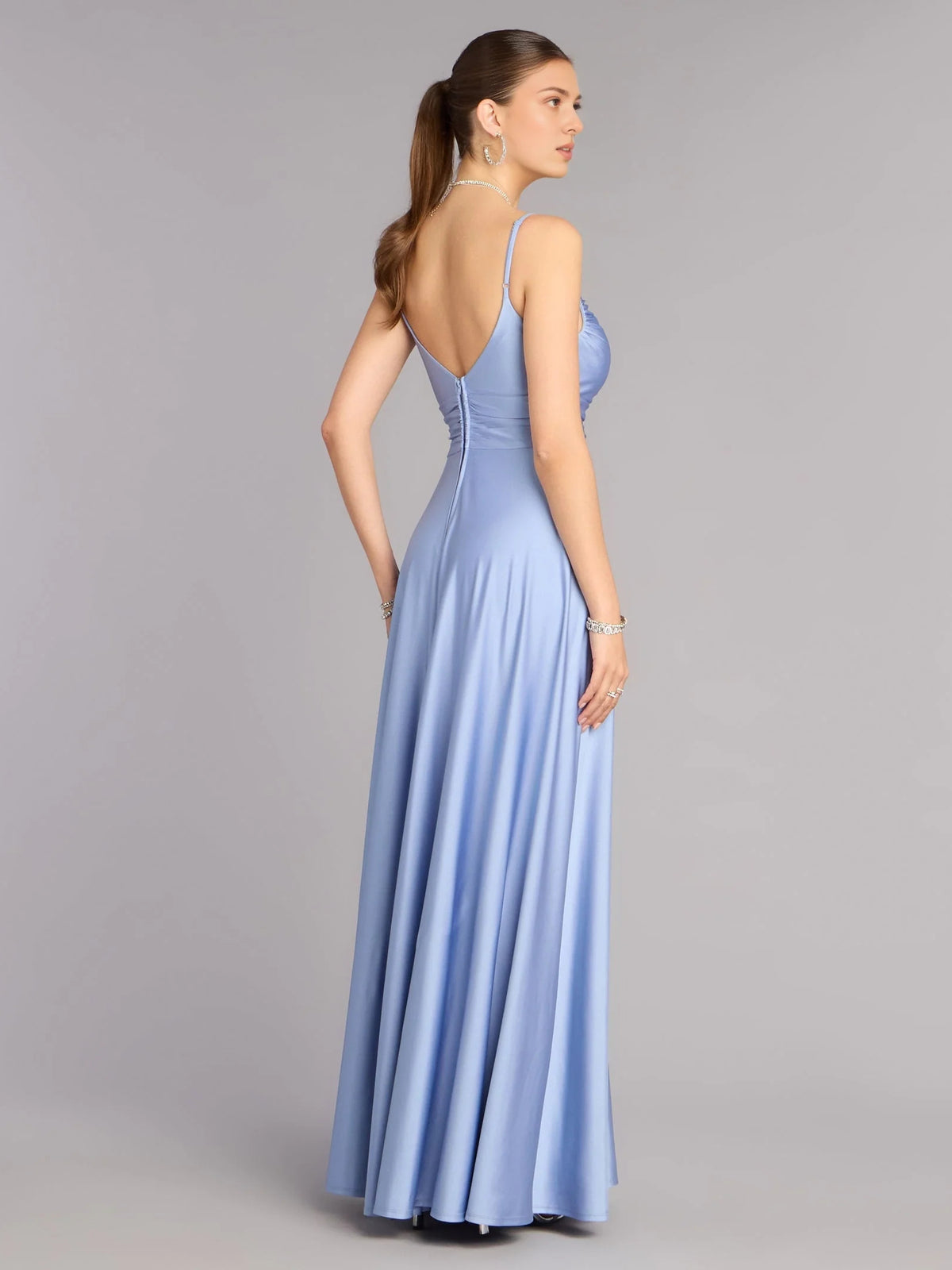 Burgundy maxi prom dress, alternate view showing the full-length profile
