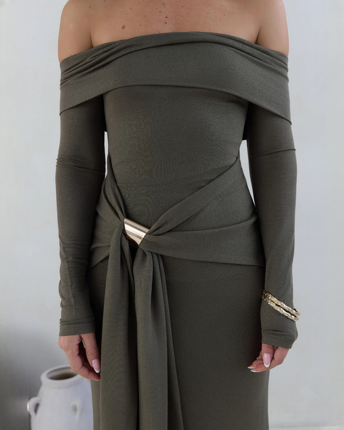 off-shoulder structured satin a-line maxi bridesmaid dress - image 6