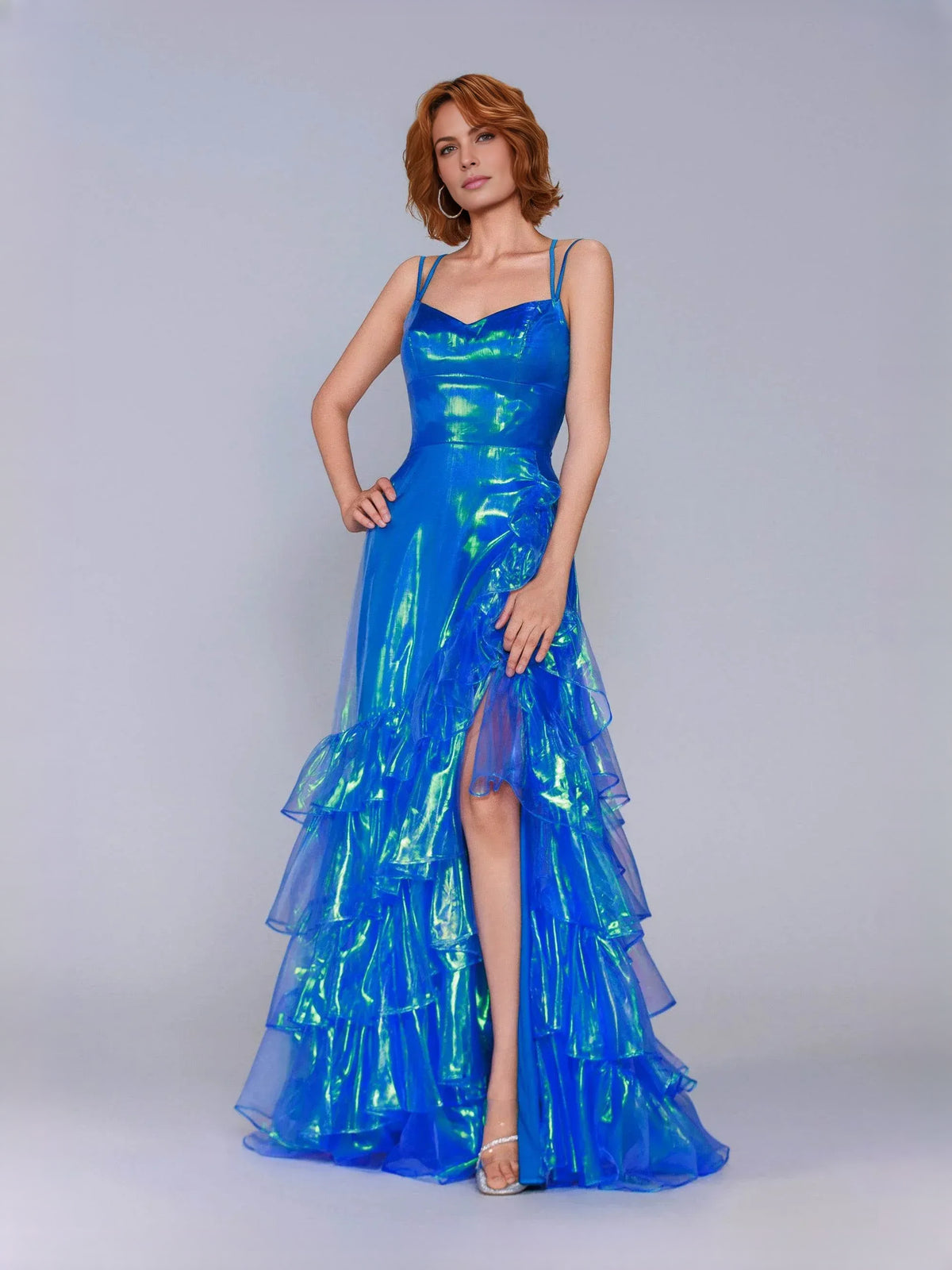 Ocean Blue floor-length prom dress, alternate view showing the full-length profile