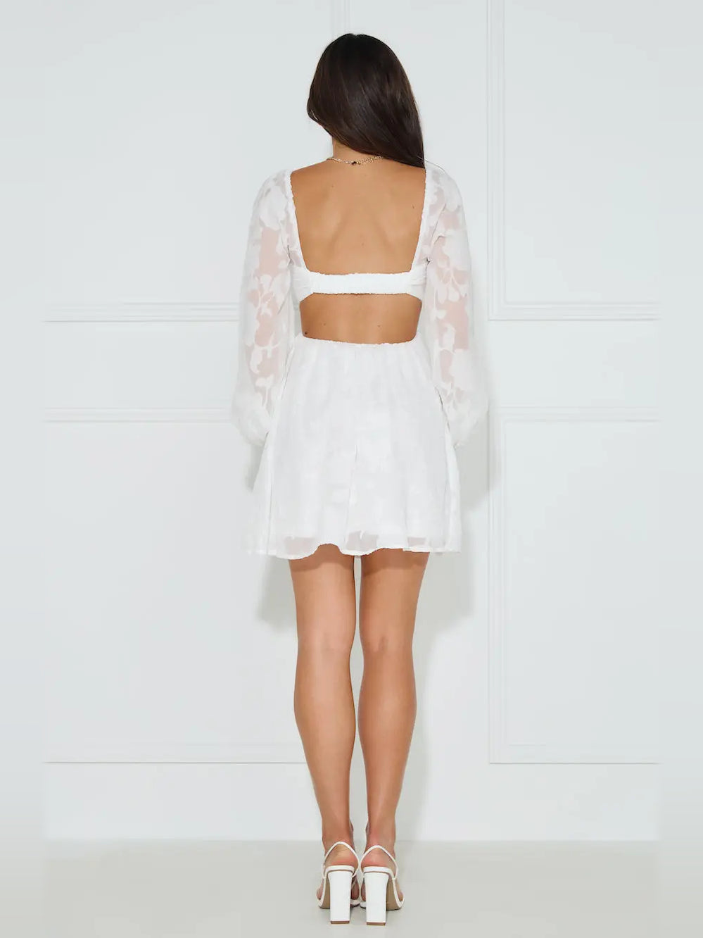 White mini homecoming dress, alternate view showing the full-length profile