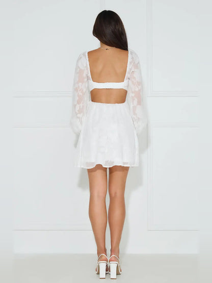 White mini homecoming dress, alternate view showing the full-length profile
