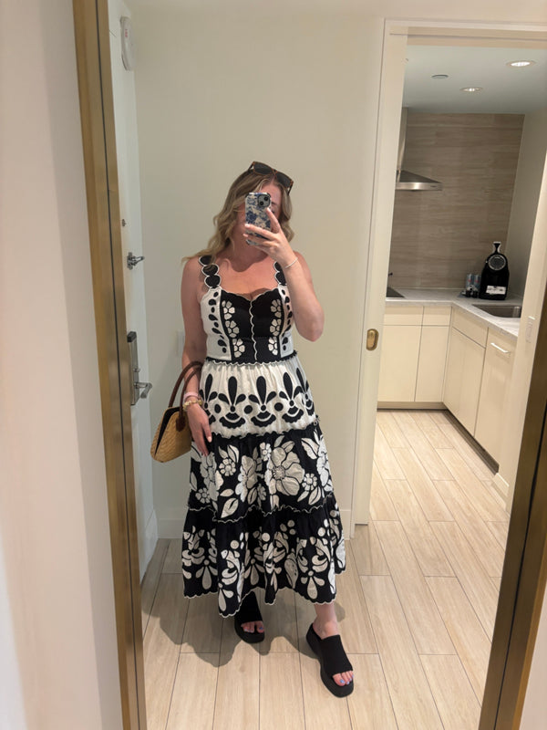 Floral midi formal dress with tiered skirt, alternate view showing the hem