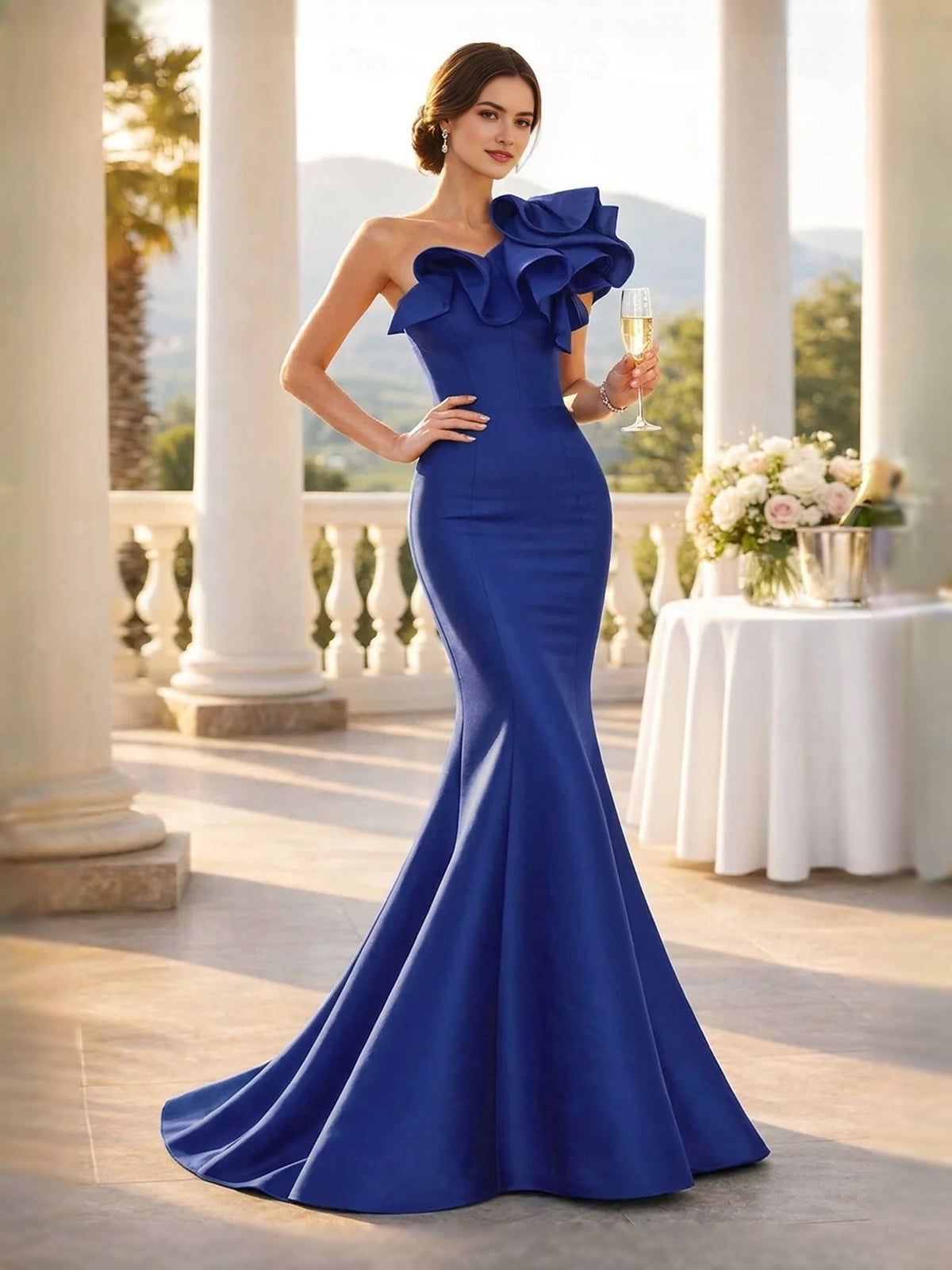 Navy midi prom dress, alternate view showing the full-length profile