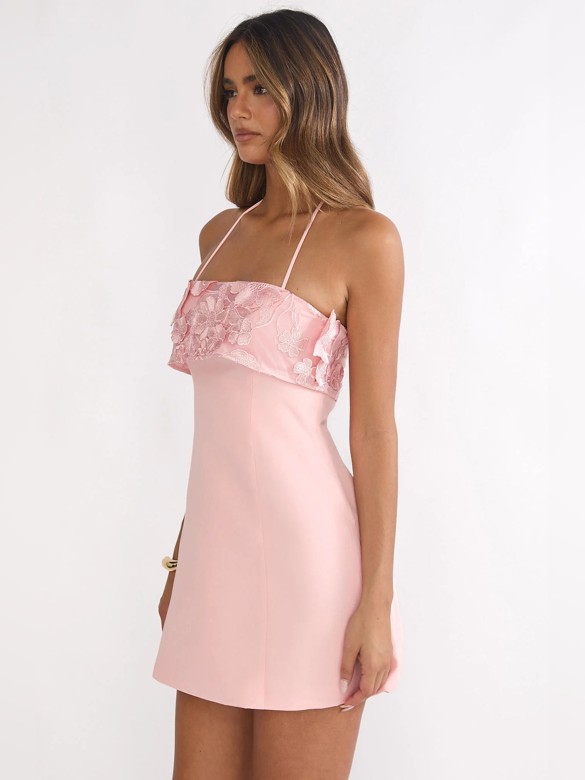 Blush mini homecoming dress, alternate view showing the full-length profile