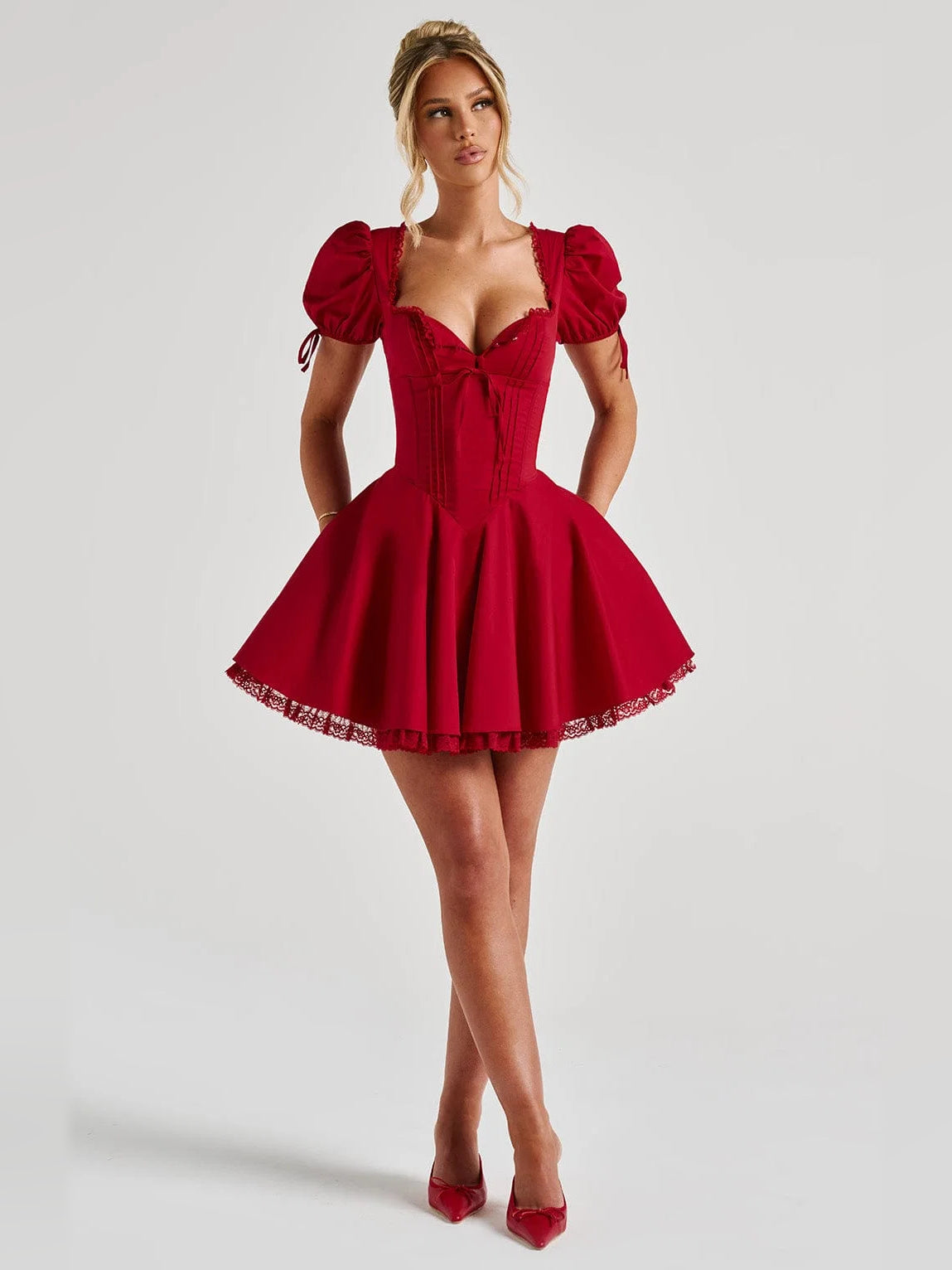Red mini homecoming dress, alternate view showing the full-length profile