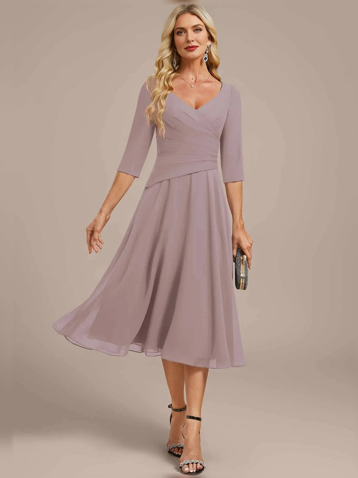 Dusk knee-length mother of the bride dress, alternate view showing the full-length profile