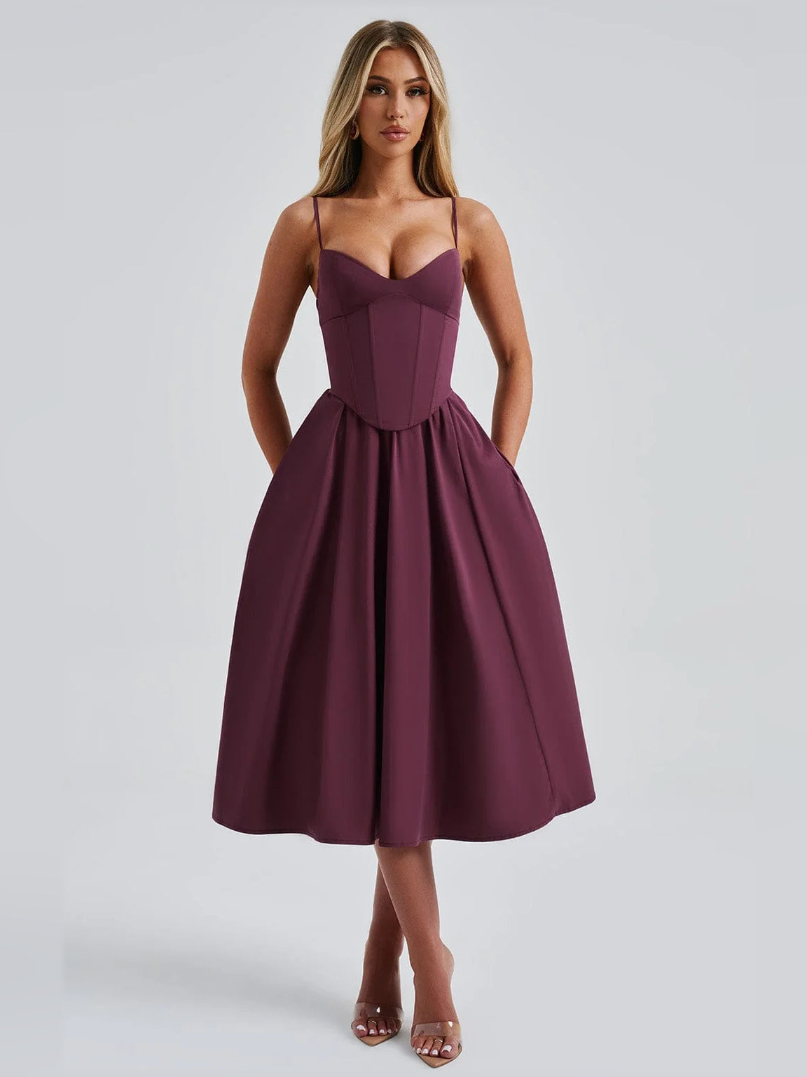 Cherry Lacquer midi formal dress, alternate view showing the hem