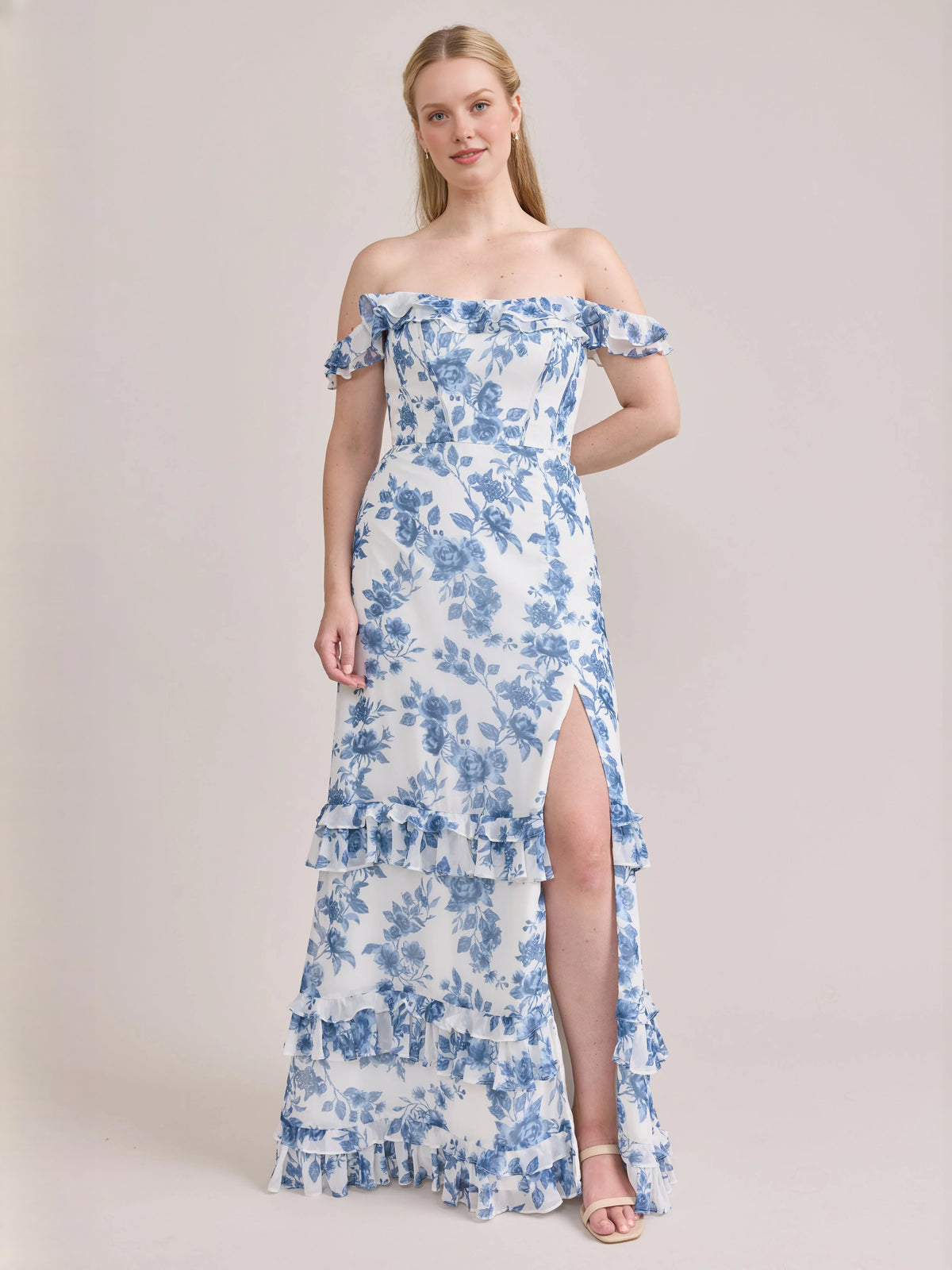 Blue Flowers maxi prom dress, alternate view showing the full-length profile