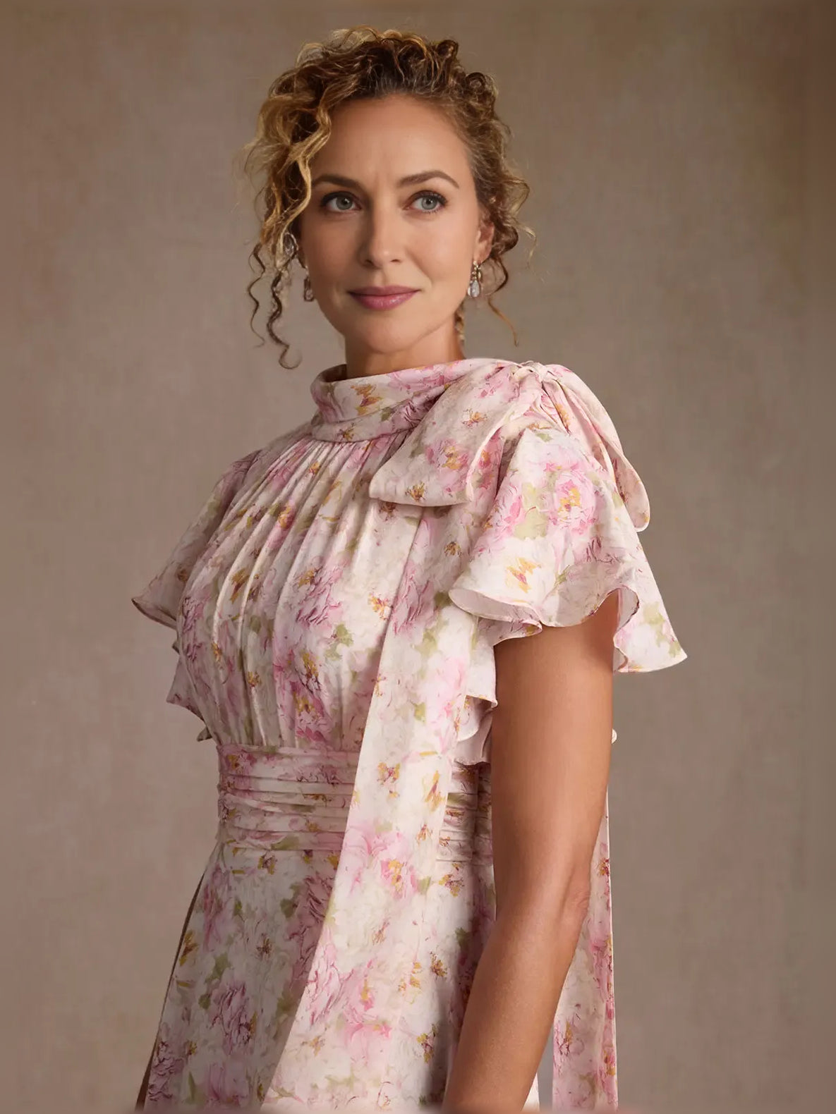Floral maxi mother of the bride dress, alternate view showing the full-length profile