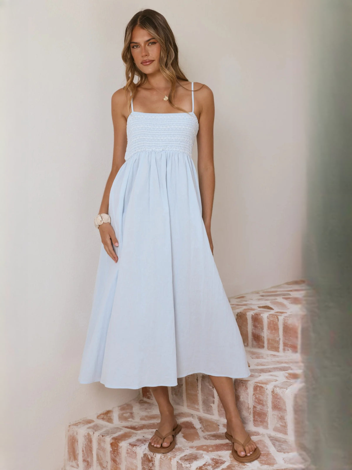 Blue midi formal dress, alternate view showing the hem