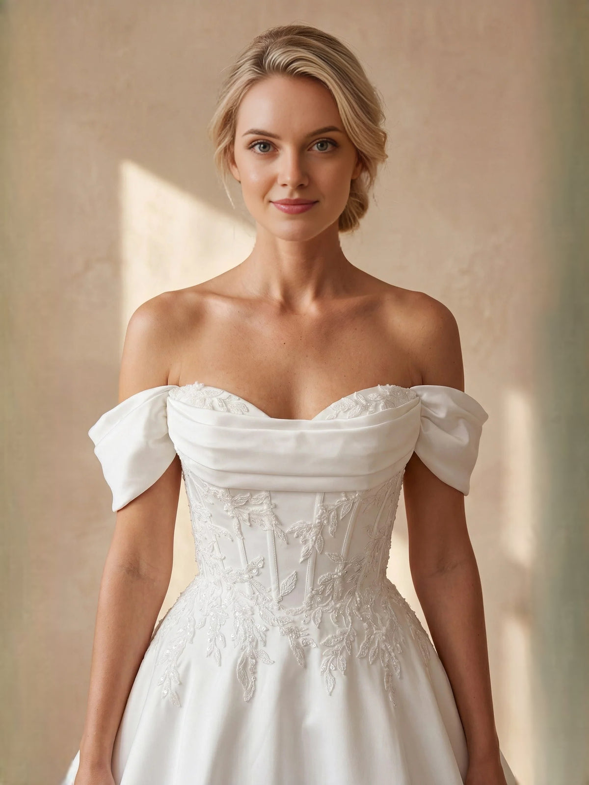 Ivory short wedding dress, alternate view showing the full-length profile