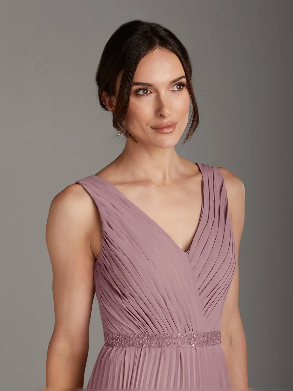 Dusty Rose maxi mother of the bride dress, alternate view showing the full-length profile