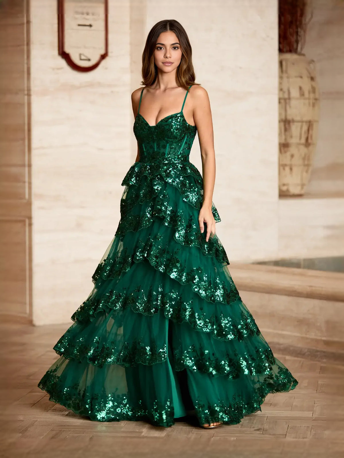 Dark Green floor-length prom dress, alternate view showing the full-length profile