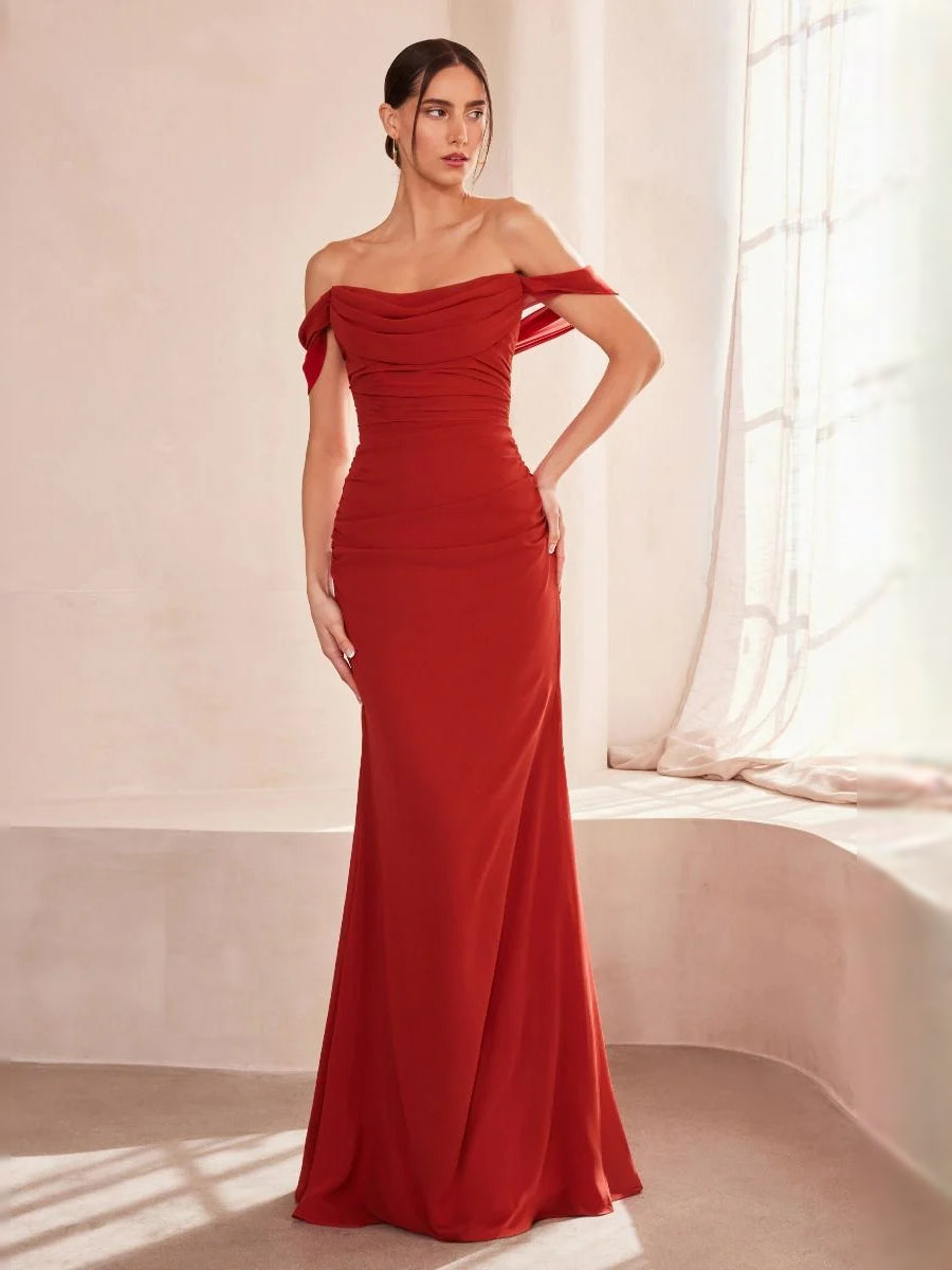Terracotta floor-length prom dress, front view showing the mermaid silhouette