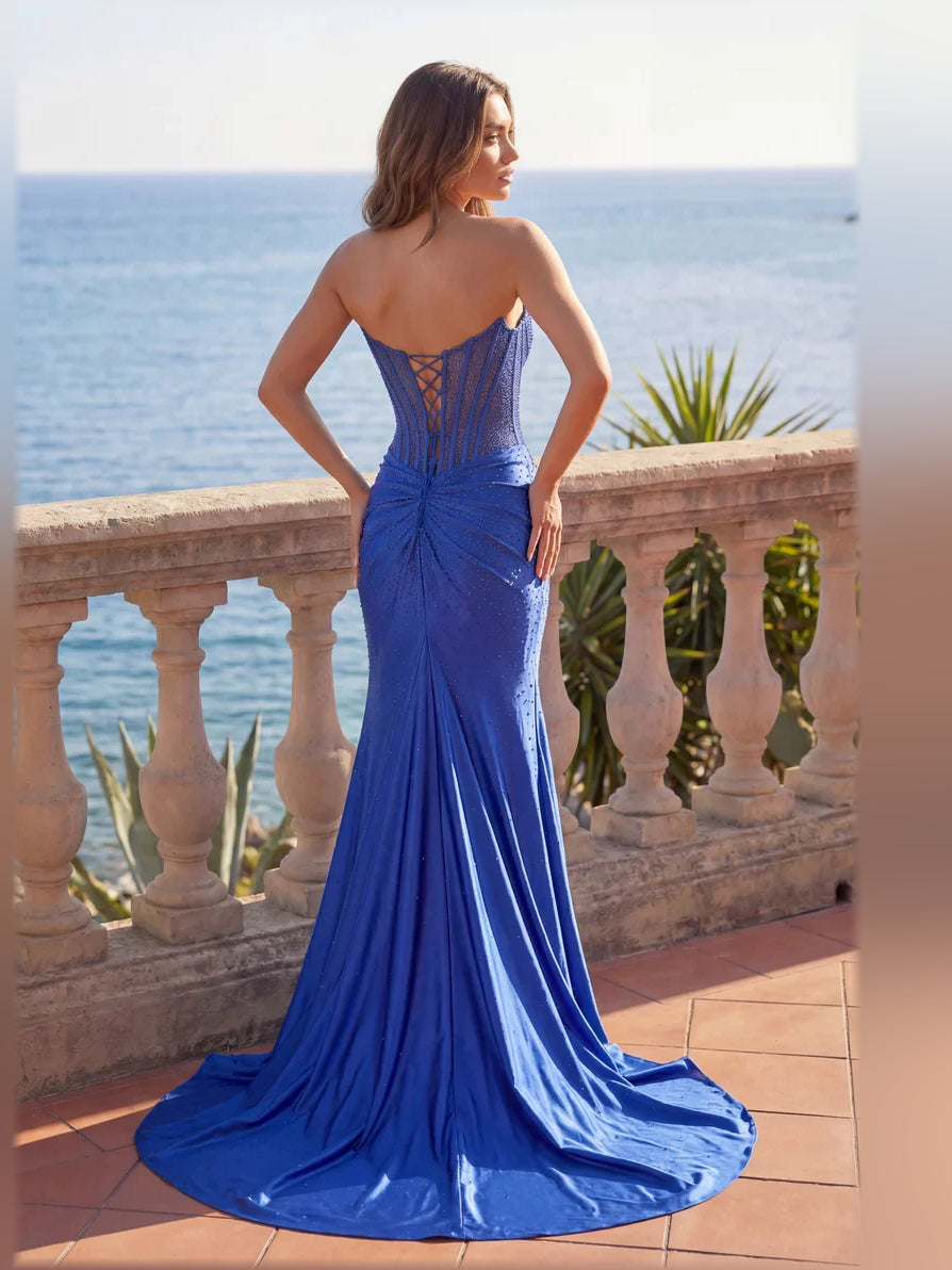 Red mermaid floor-length formal dress with corset-style bodice, alternate view showing the hem
