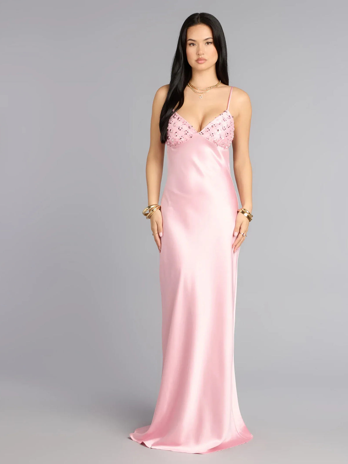 Pink sheath floor-length formal dress with draping, alternate view