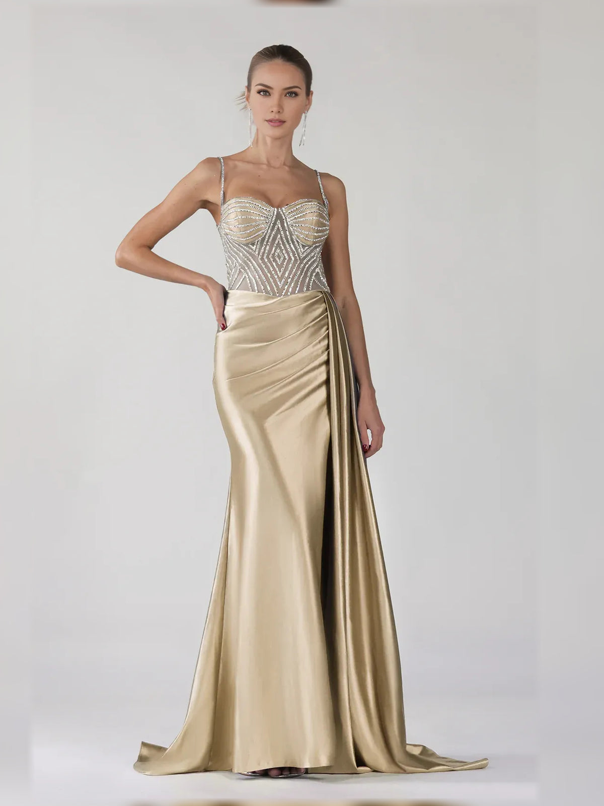 Champagne mermaid floor-length formal dress with draping, alternate view