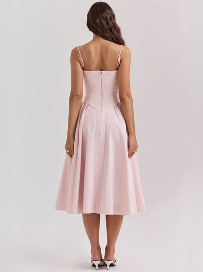 Pink midi formal dress with corset-style bodice, alternate view showing the hem