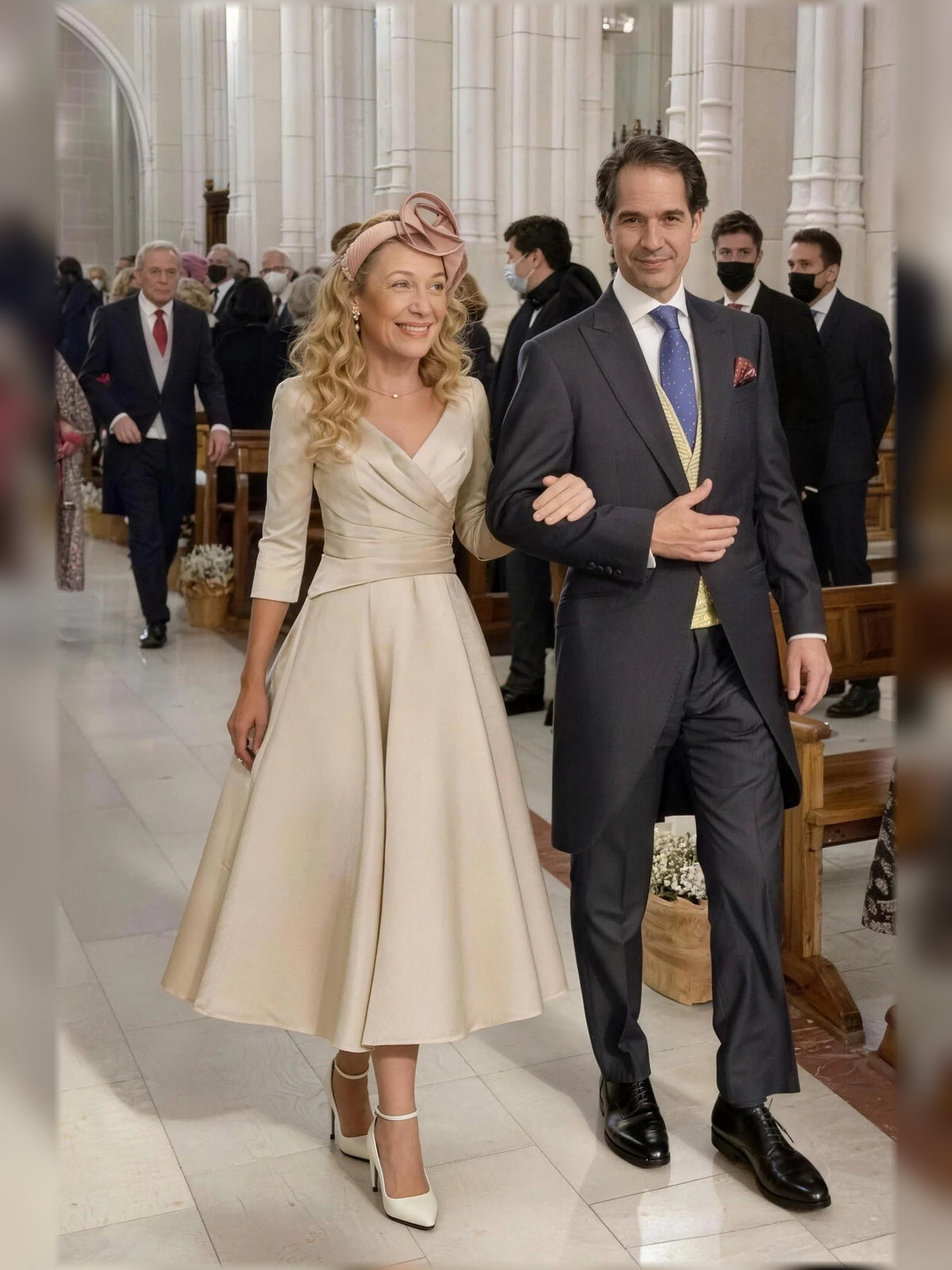 Champagne midi mother of the bride dress, alternate view showing the full-length profile