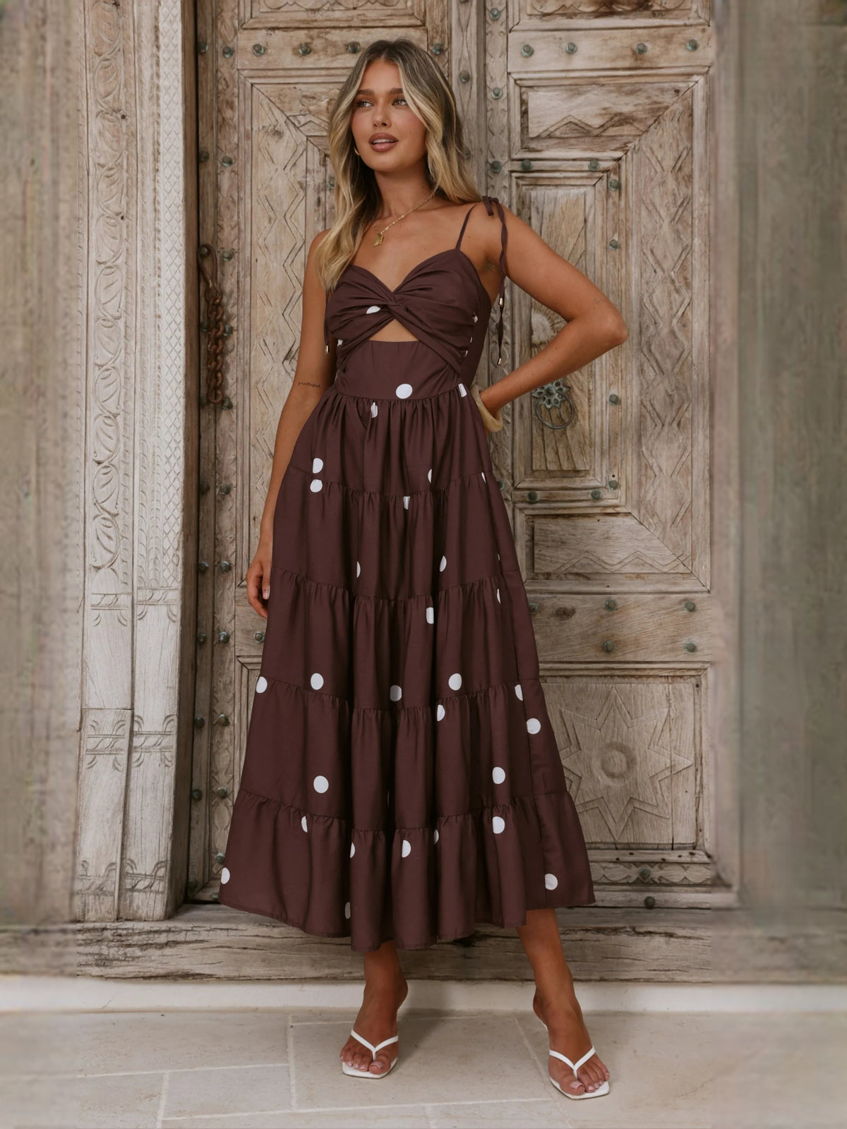 Chocolate midi formal dress with printed pattern, alternate view showing the hem