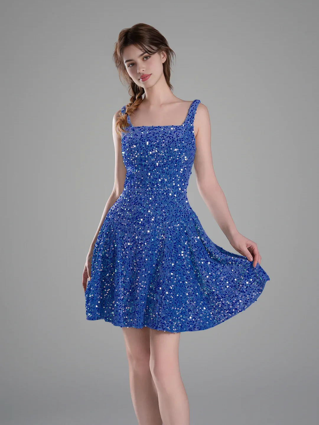 Cobalt Blue mini homecoming dress, alternate view showing the full-length profile