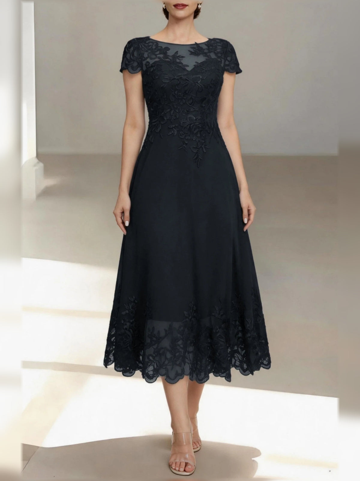Black short mother of the bride dress, alternate view showing the full-length profile