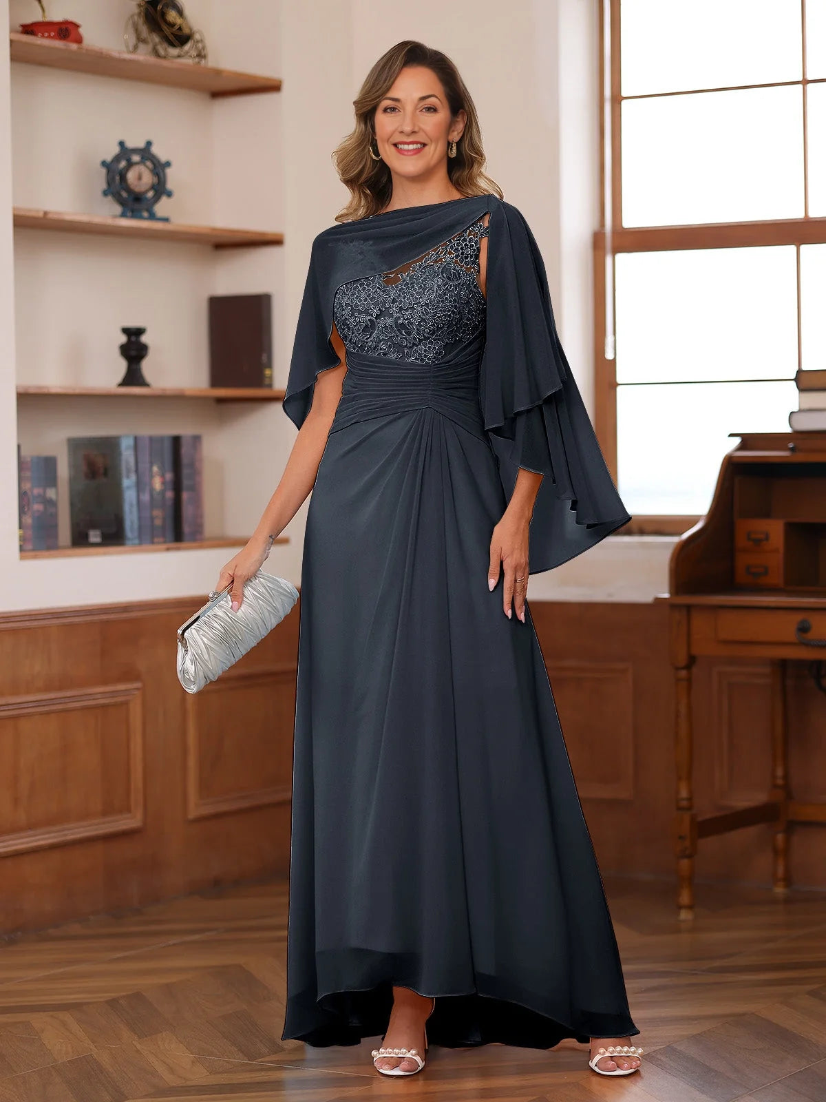 Dusty Blue floor-length mother of the bride dress, alternate view showing the full-length profile